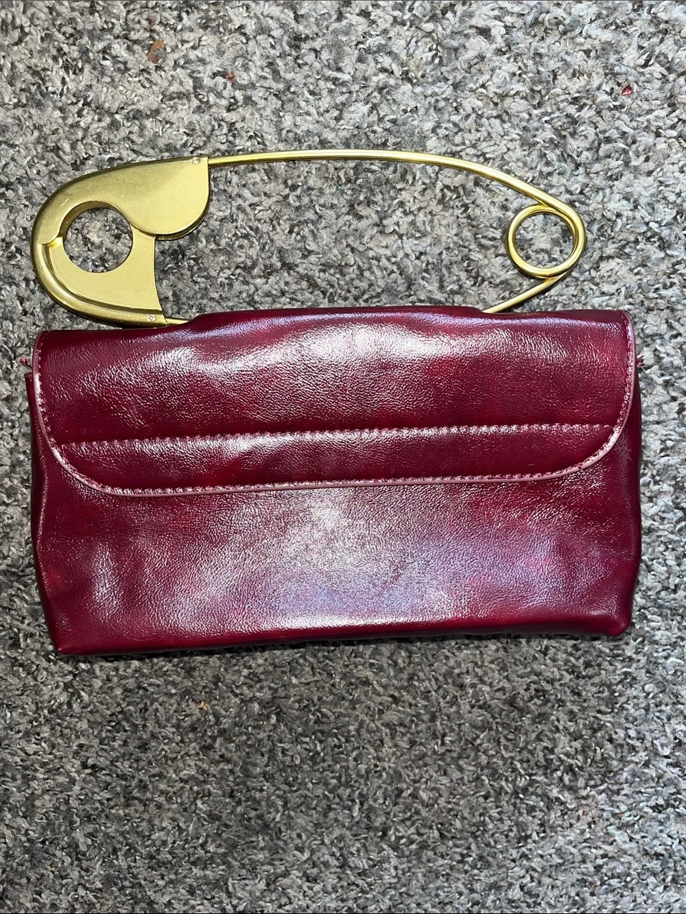 Burgundy Leather Clutch with Gold Safety Pin Accent